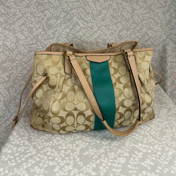 Coach Handbags - Coach Elegant Beige and Teal Designer Tote Bag F28501